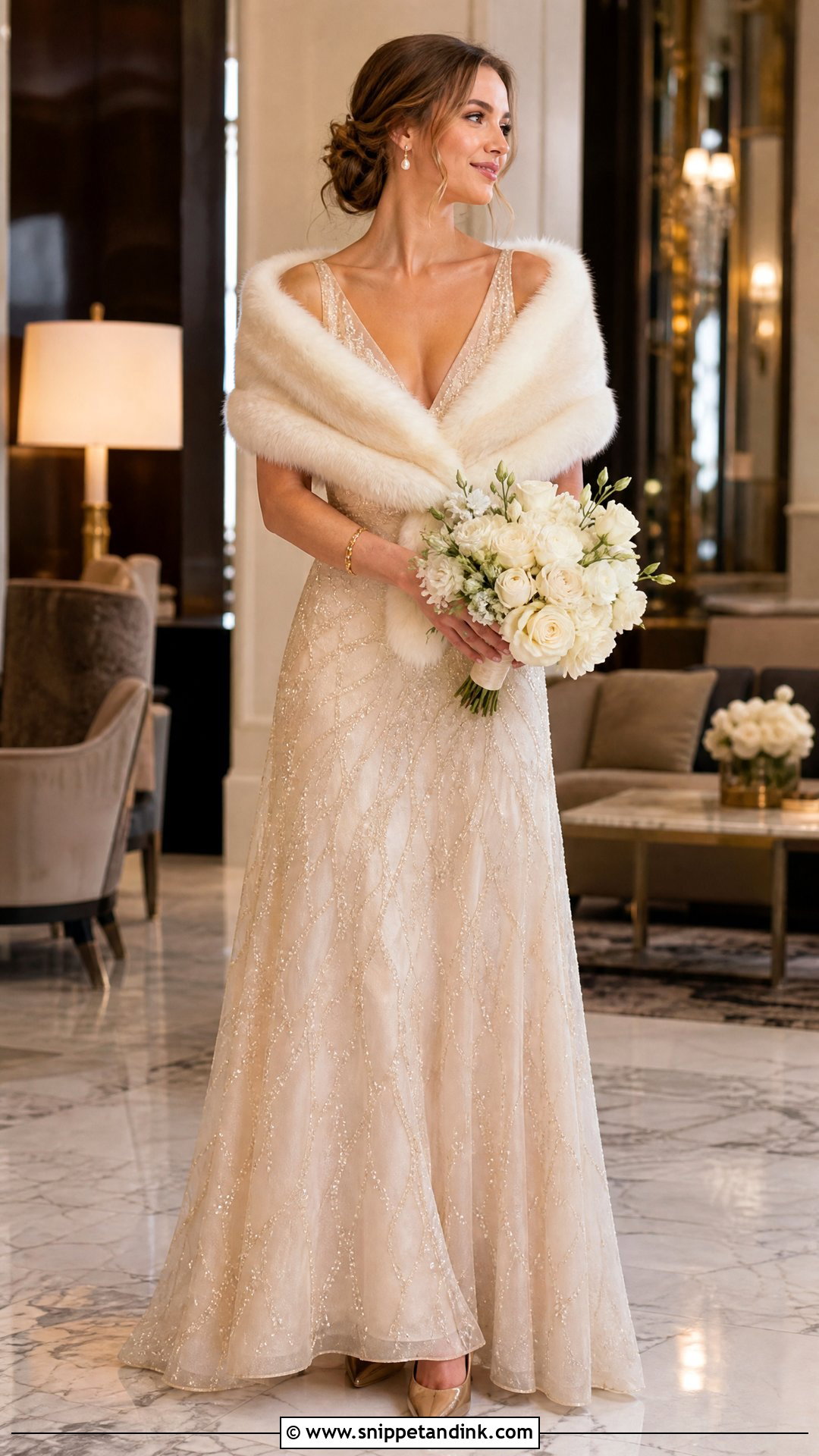 Champagne Winter Wedding Dress With Cream Fur Stole - Snippet and Ink - 25 Winter Wedding Dress Fur Ideas