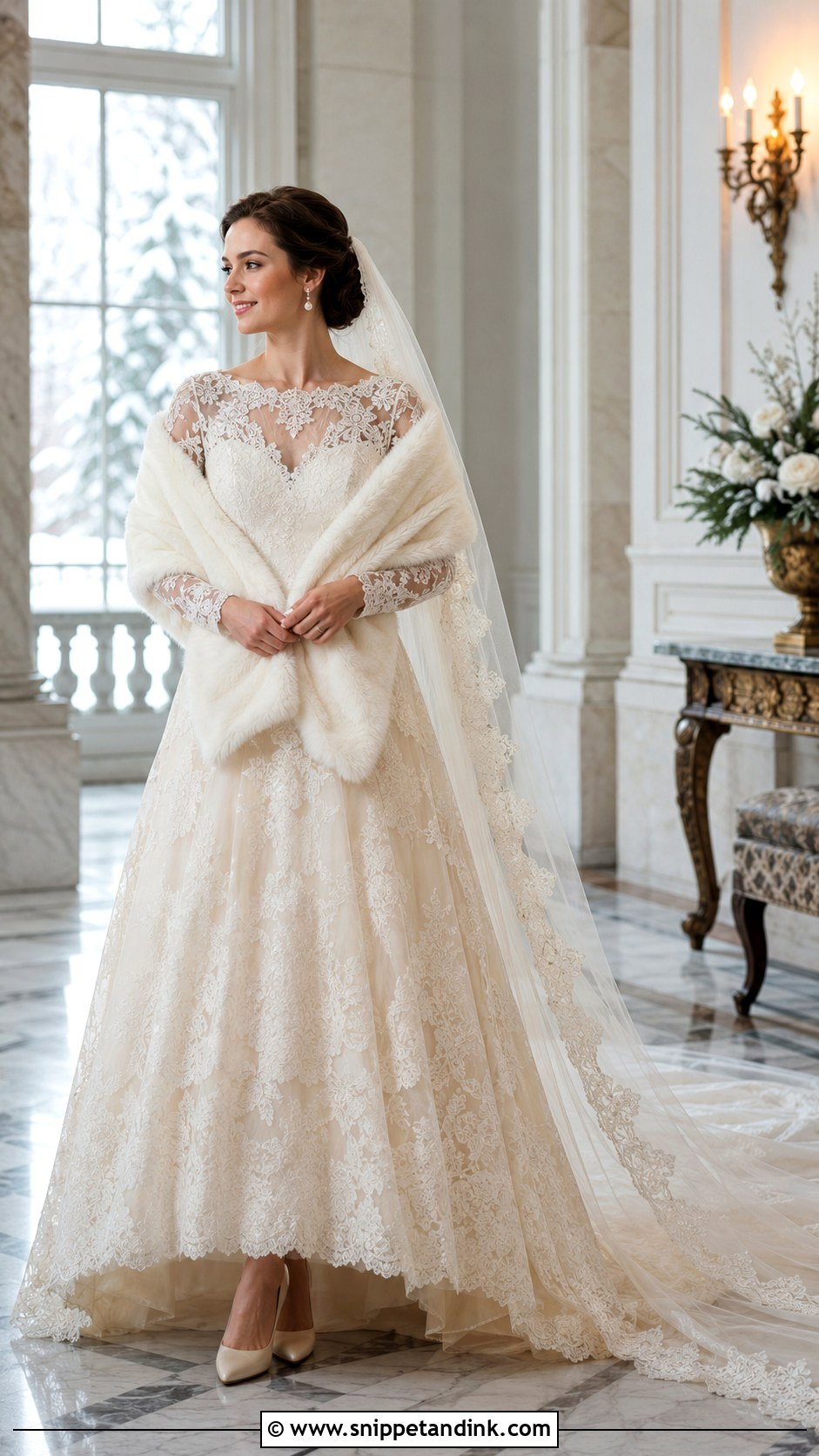 Champagne Winter Wedding Dress With Full Lace Sleeves - Snippet and Ink - 20 Champagne Wedding Dress with Sleeves