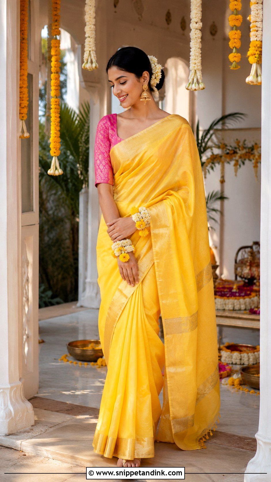 Chanderi Silk Saree Haldi Outfit - Snippet and Ink - 20 Bride Haldi Dress Ideas