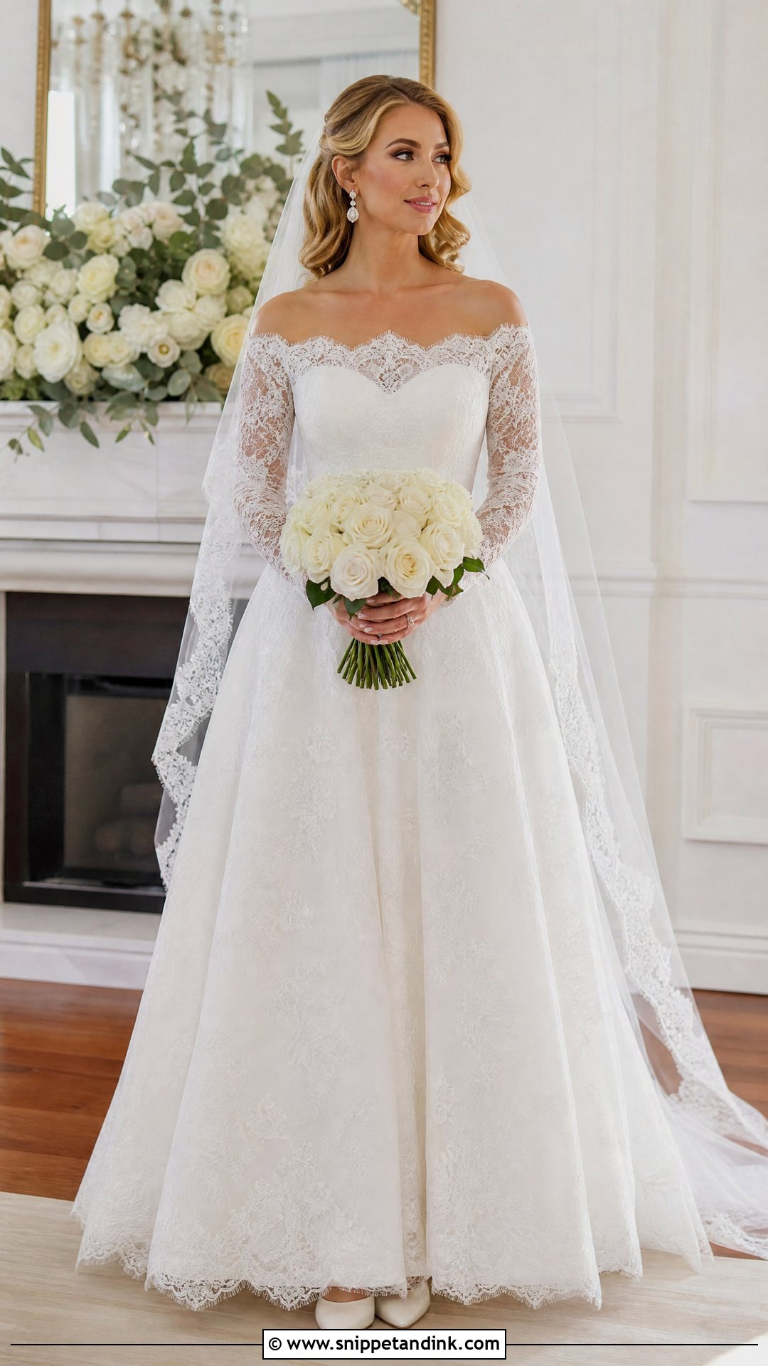 Chantilly Lace A Line Off the Shoulder Wedding Dress - Snippet and Ink - 20 Simple Long Wedding Dress with Off the Shoulder Sleeves