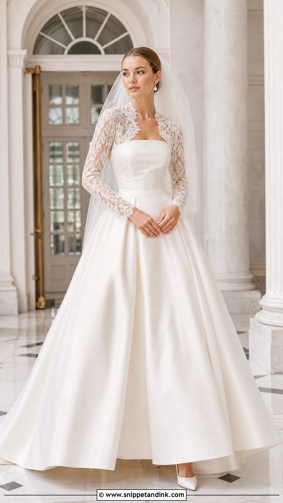 Chantilly Lace Bolero With Satin Ball Gown - Snippet and Ink - 20 Wedding Bolero Long Sleeve Ideas
