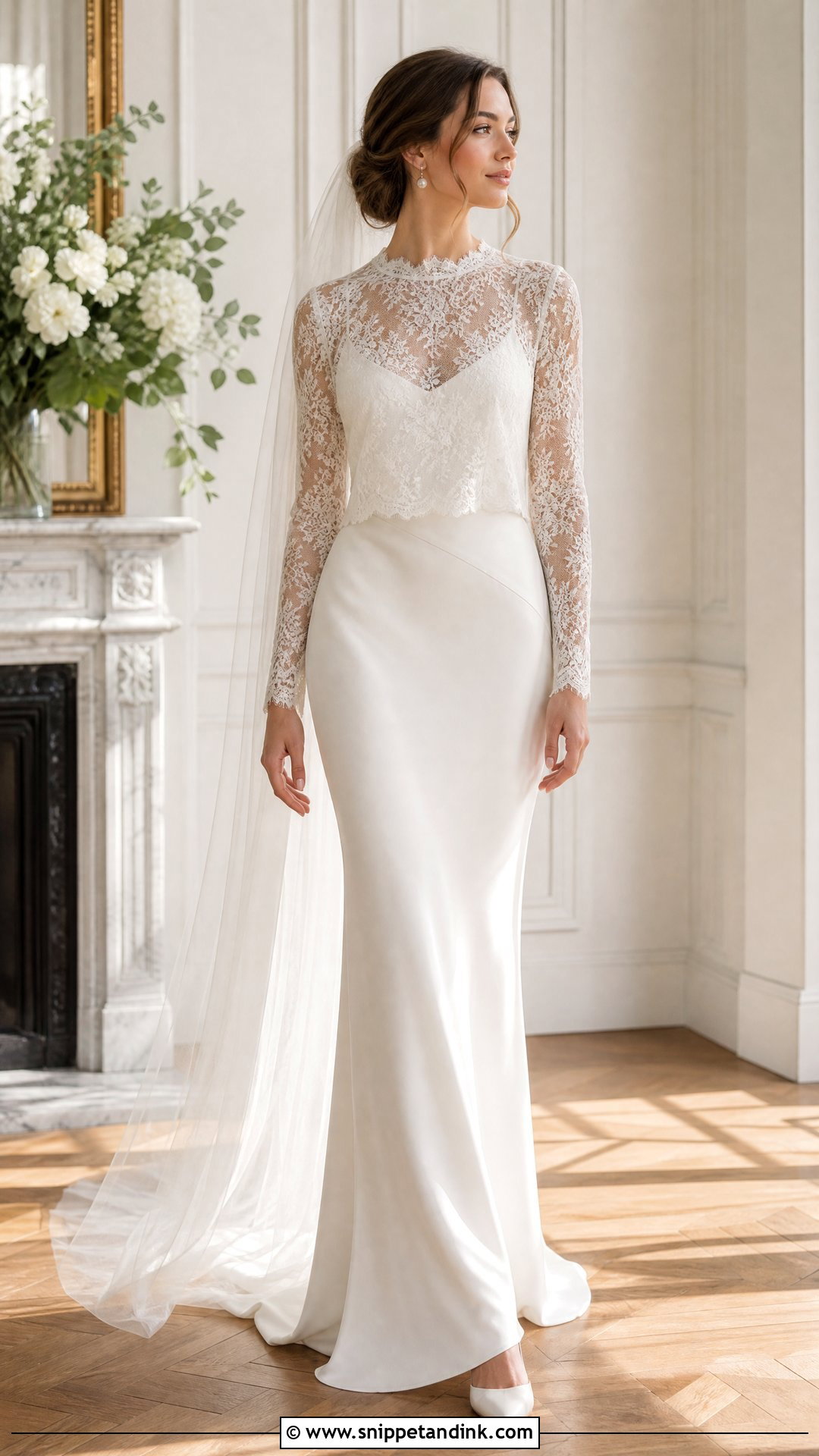 Chantilly Lace Wedding Dress Topper With Slip Gown - Snippet and Ink - 20 Wedding Dress Topper Long Sleeve Ideas