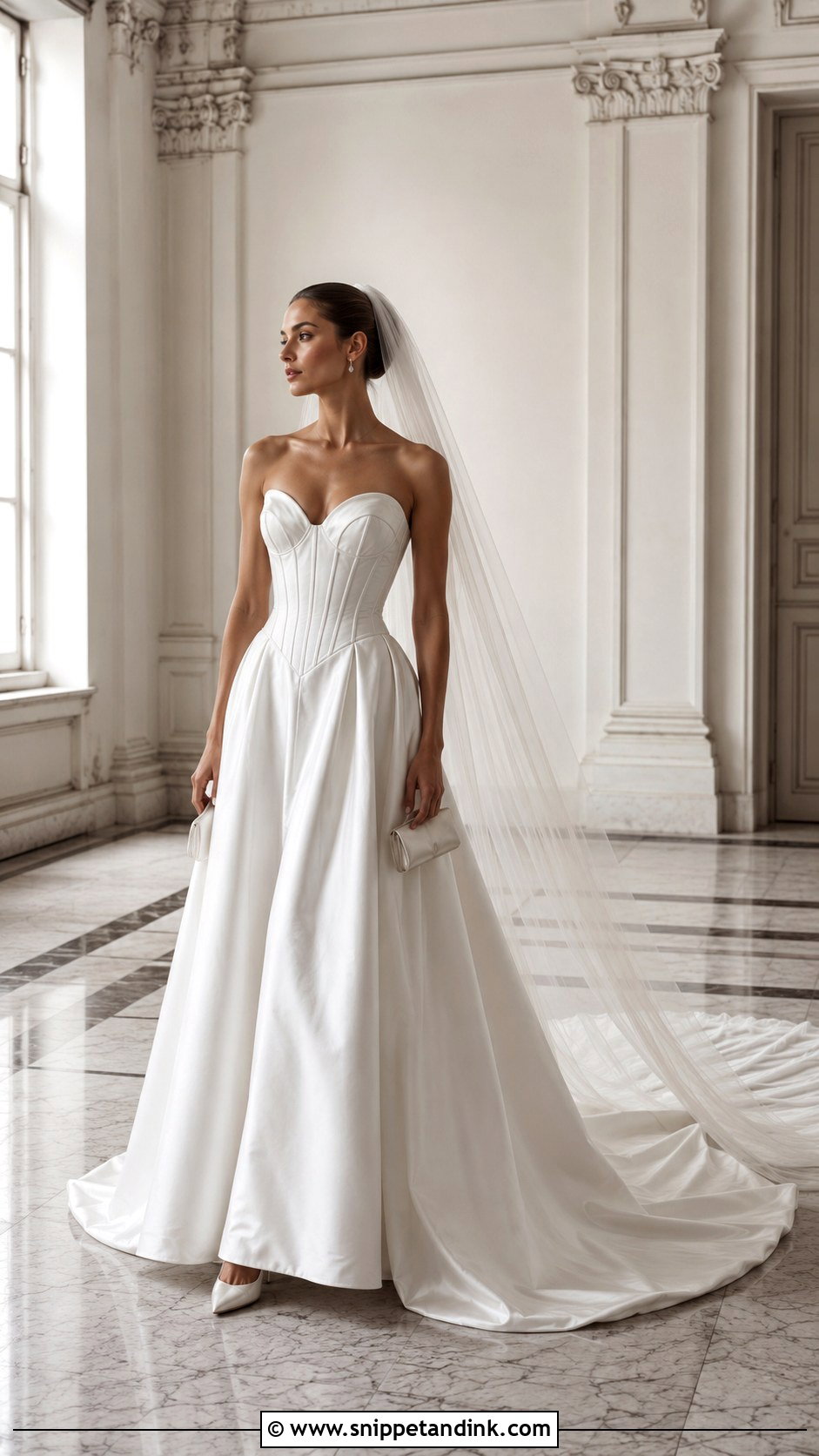 Chapel Silk Veil With Basque Waist Gown - Snippet and Ink - 20 Silk Veil Ideas