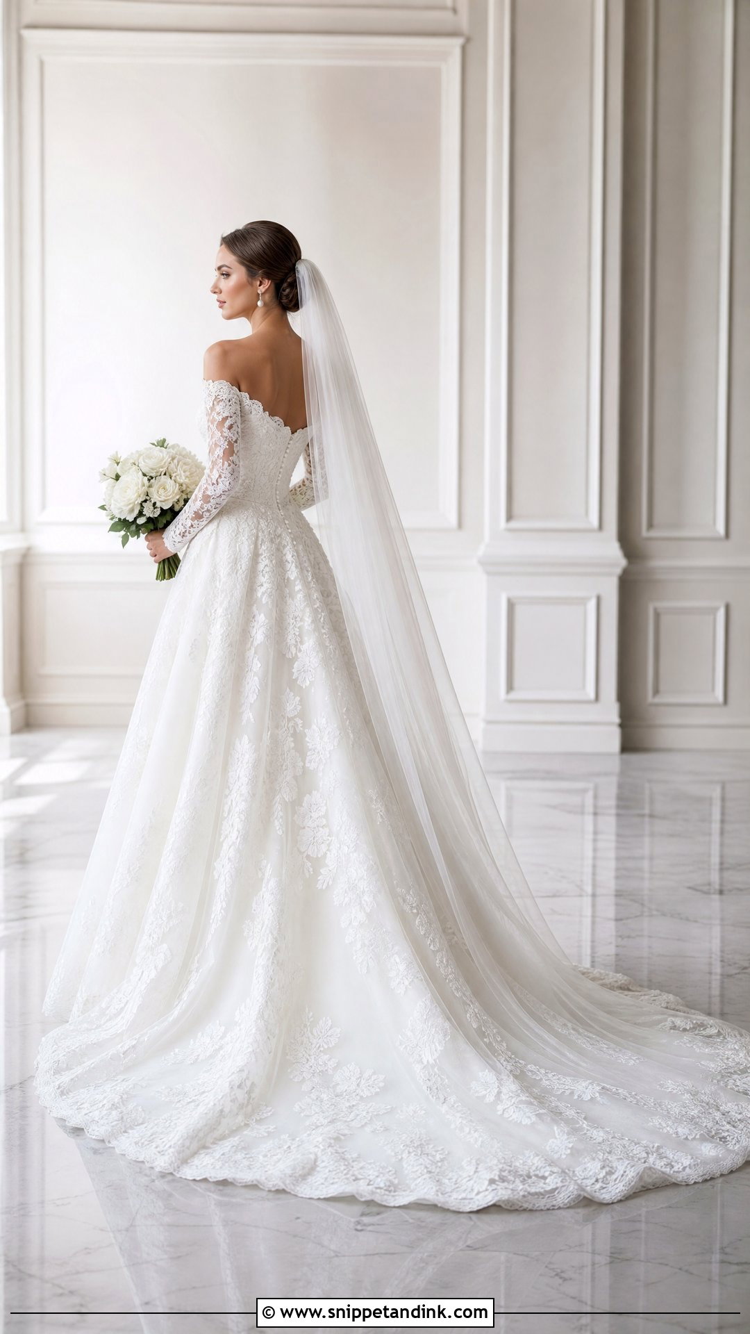 Chapel Train Off the Shoulder Long Sleeve Wedding Dress - Snippet and Ink - 20 Off the Shoulder Long Sleeve Wedding Ideas