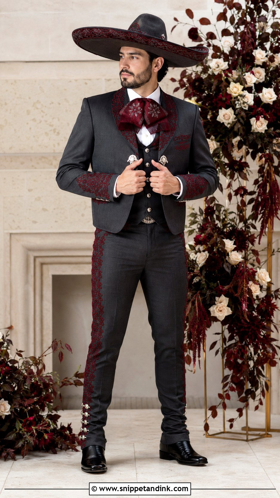 Charcoal And Burgundy Charro Wedding Suit - Snippet and Ink - 20 Charro Wedding Suit Ideas