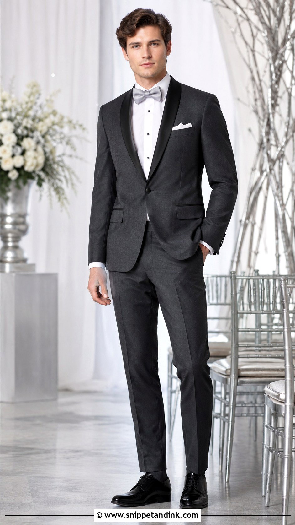 Charcoal Boys Wedding Tuxedo With Silver Bow Tie - Snippet and Ink - 20 Kids Tuxedo Boys Wedding Ideas
