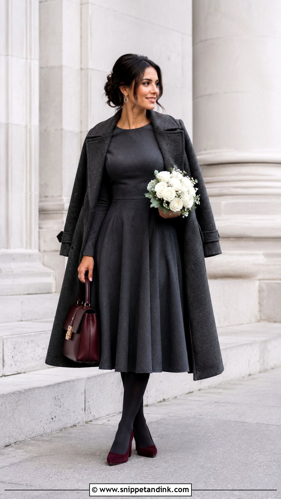 Charcoal Fit And Flare Dress With Burgundy Accessories - Snippet and Ink - 20 Casual Winter Wedding Dress Ideas