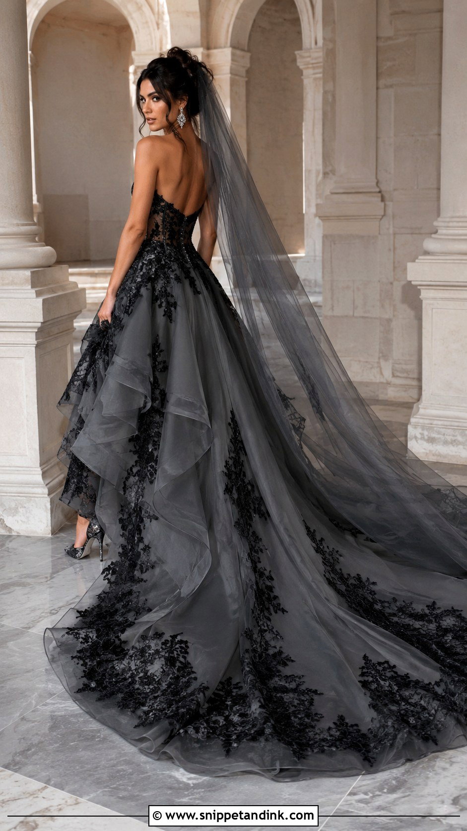 Charcoal Gray Cathedral Train Wedding Dress - Snippet and Ink - 20 Dark Fantasy Wedding Dress Ideas