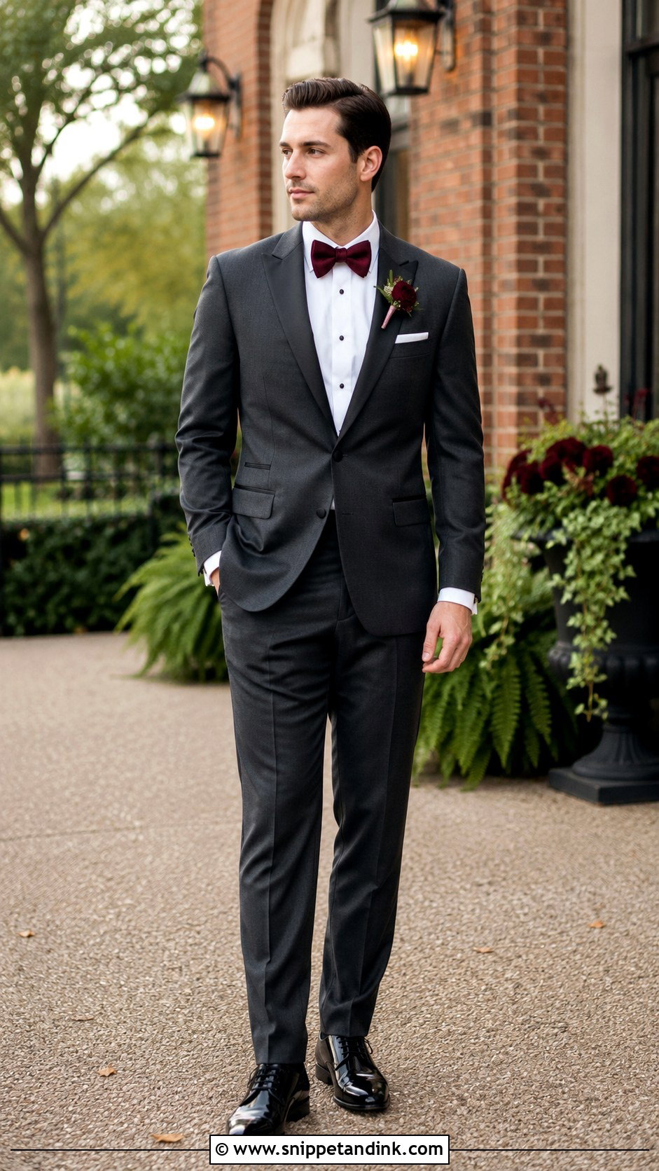 Charcoal Gray Tuxedo With Burgundy Bow Tie - Snippet and Ink - 20 Gray Tuxedo Wedding Ideas