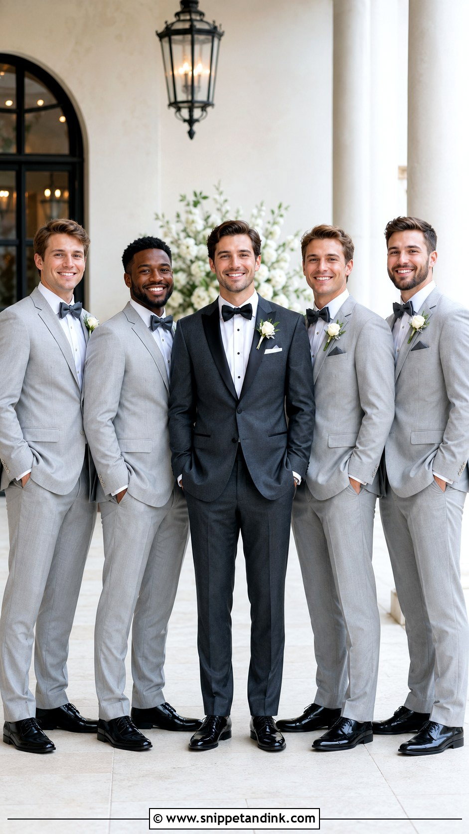 Charcoal Groom Tuxedo With Light Gray Groomsmen - Snippet and Ink - 20 Gray Tuxedo Wedding Ideas