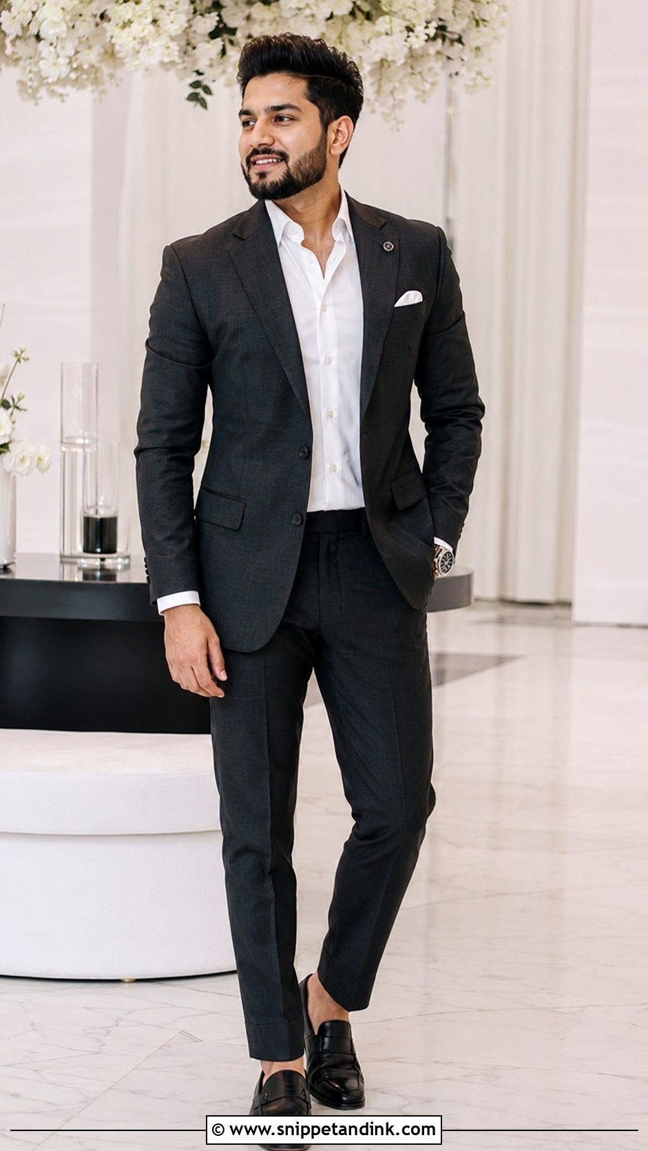 Charcoal Reception Suit With Open Collar Shirt - Snippet and Ink - 20 Brother of the Bride Ideas