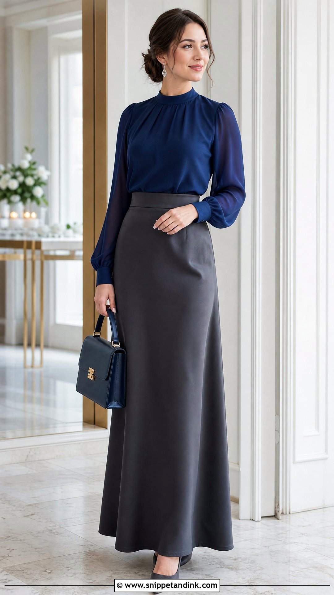 Charcoal Satin Skirt With Long Sleeve Chiffon Top - Snippet and Ink - 20 Satin Skirt Wedding Outfit Ideas