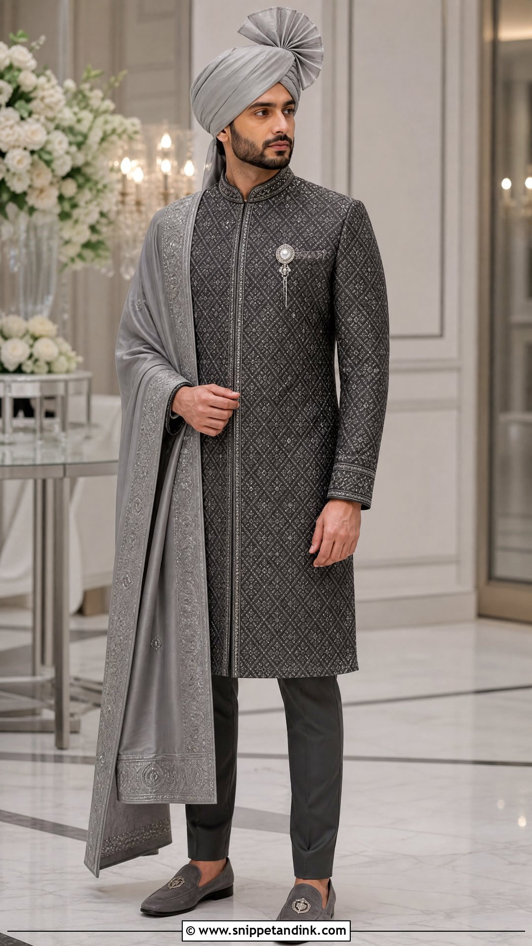 Charcoal Sherwani With Silver Details - Snippet and Ink - 20 Sherwani Wedding Ideas