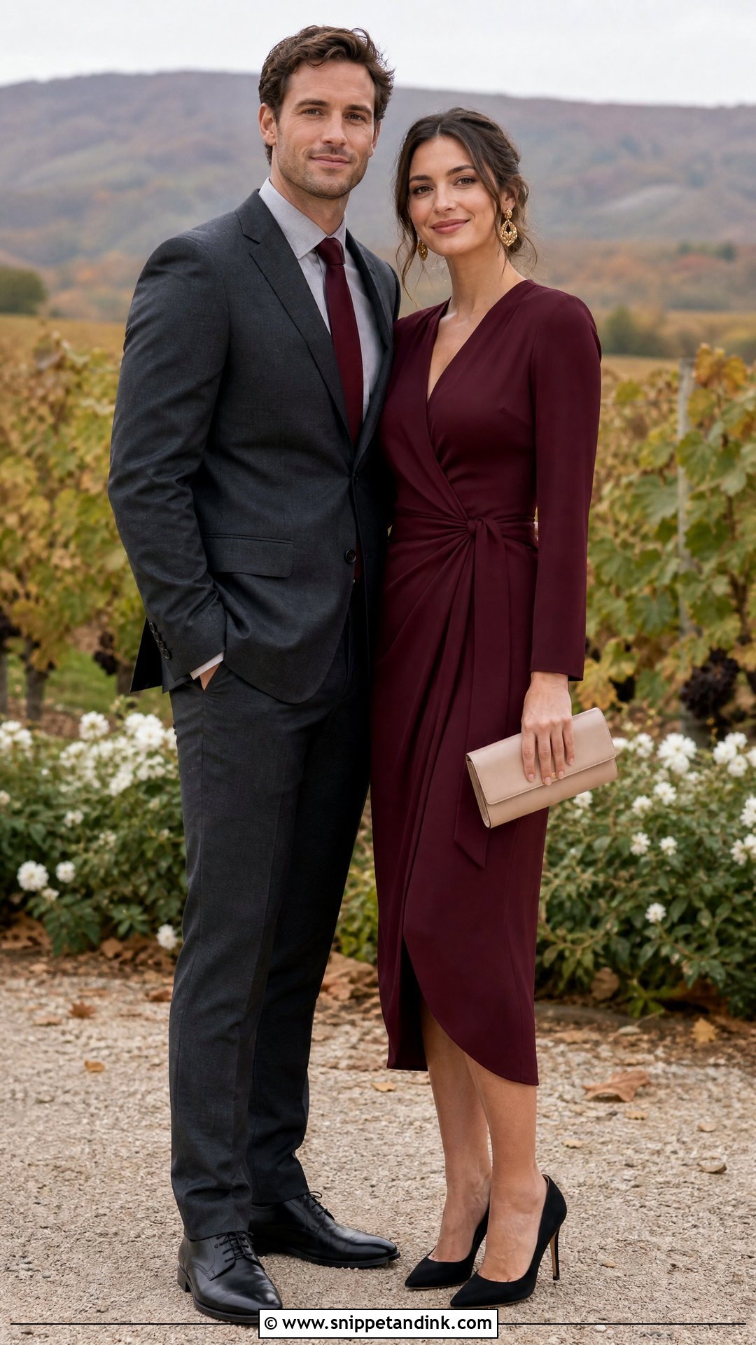 Charcoal Suit And Burgundy Dress Wedding Outfit - Snippet and Ink - 20 Wedding Date Outfit Couple Ideas