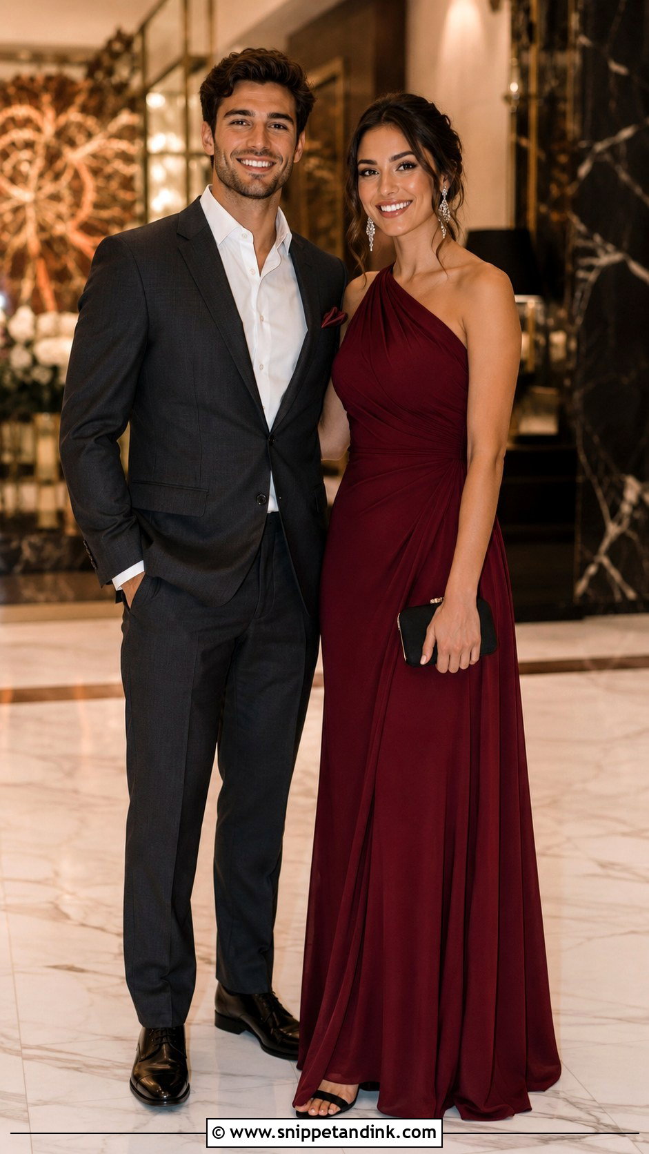 Charcoal Suit And Burgundy Maxi Dress Couple Wedding Outfit - Snippet and Ink - 20 Couples Wedding Outfits