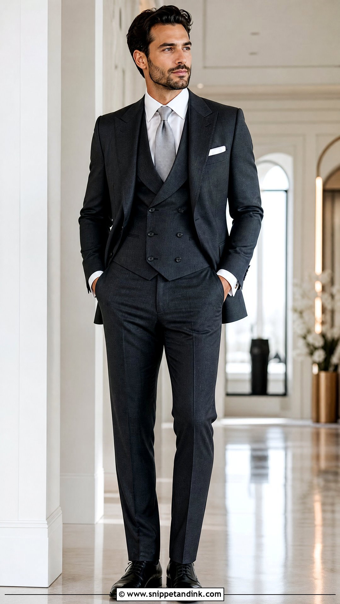 Charcoal Suit With Double Breasted Waistcoat - Snippet and Ink - 20 Three Piece Suit Wedding Ideas