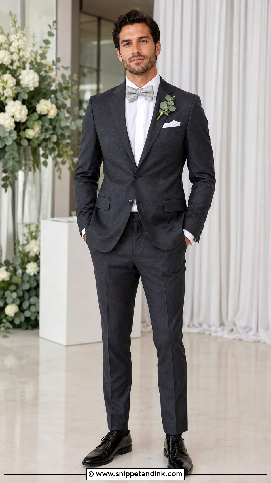 Charcoal Suit With Silver Bow Tie - Snippet and Ink - 20 Bow Tie Wedding Ideas