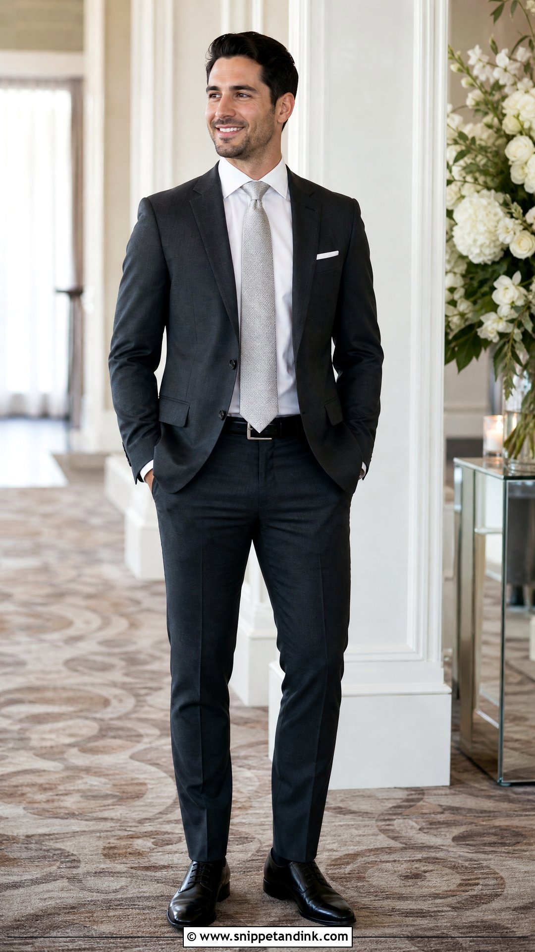 Charcoal Suit With Silver Wedding Tie - Snippet and Ink - 20 Wedding Tie Ideas