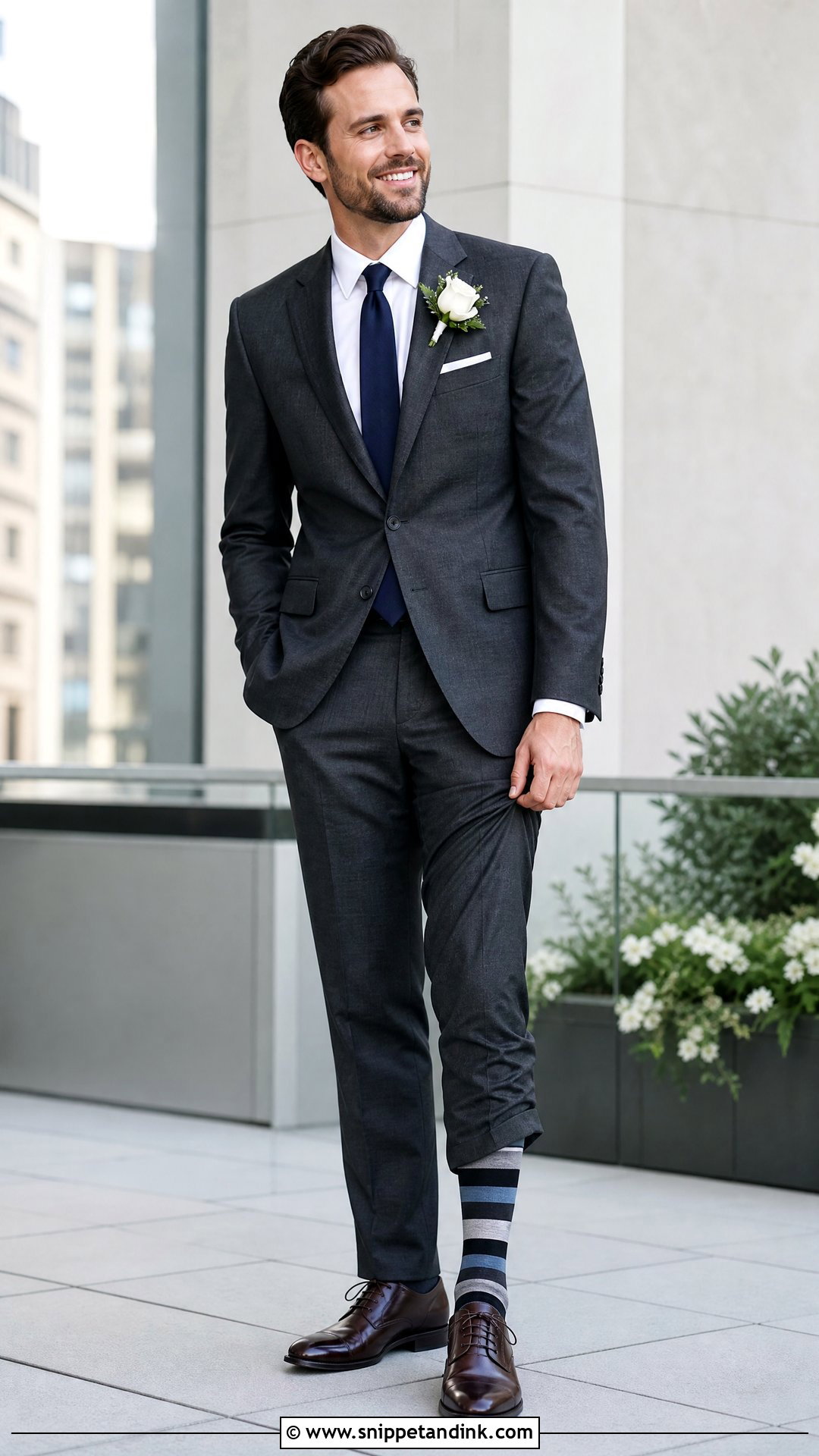 Charcoal Suit With Striped Wedding Socks - Snippet and Ink - 20 Wedding Socks Ideas