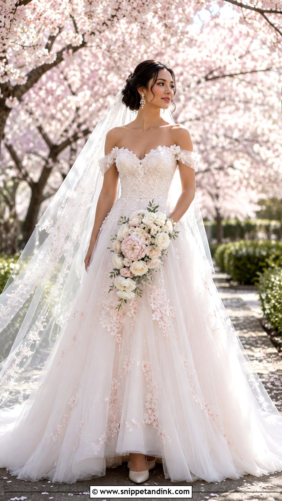 Cherry Blossom Off Shoulder Wedding Dress - Snippet and Ink - 20 Cherry Blossom Wedding Dress Ideas