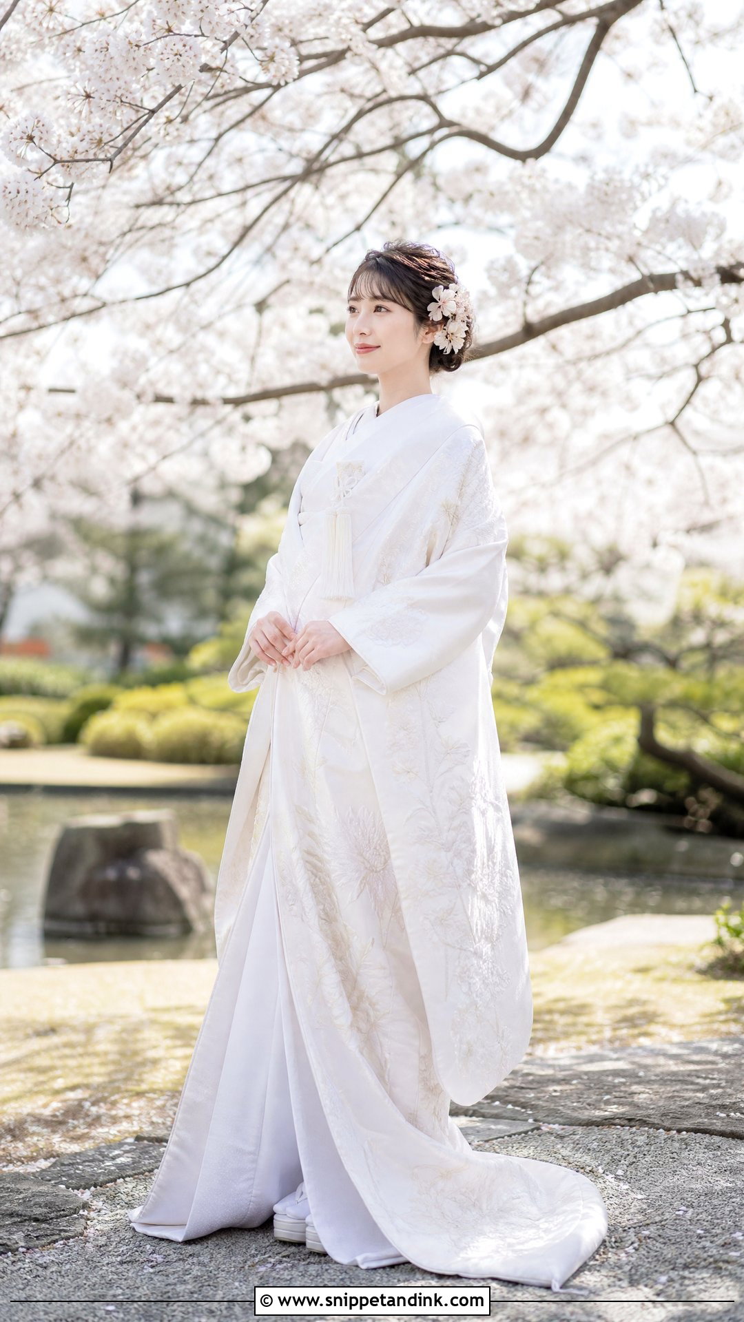 Cherry Blossom Shiromuku With Floral Hairpins - Snippet and Ink - 20 Shiromuku Wedding Kimono Ideas
