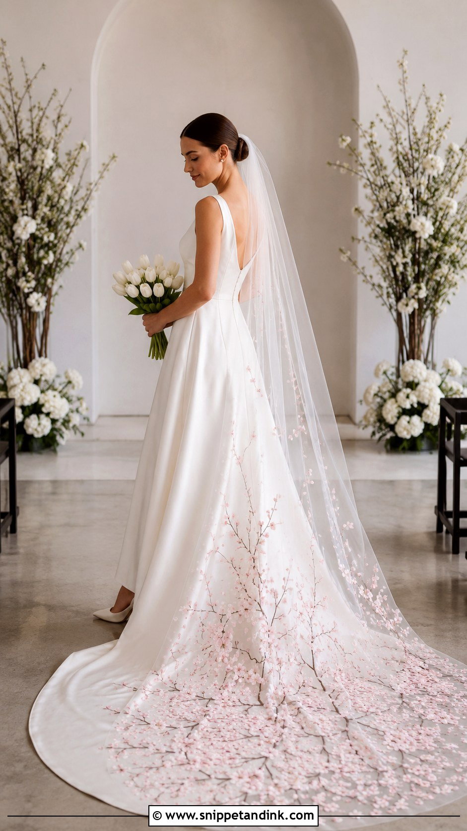 Cherry Blossom Wedding Dress With Floral Veil - Snippet and Ink - 20 Cherry Blossom Wedding Dress Ideas