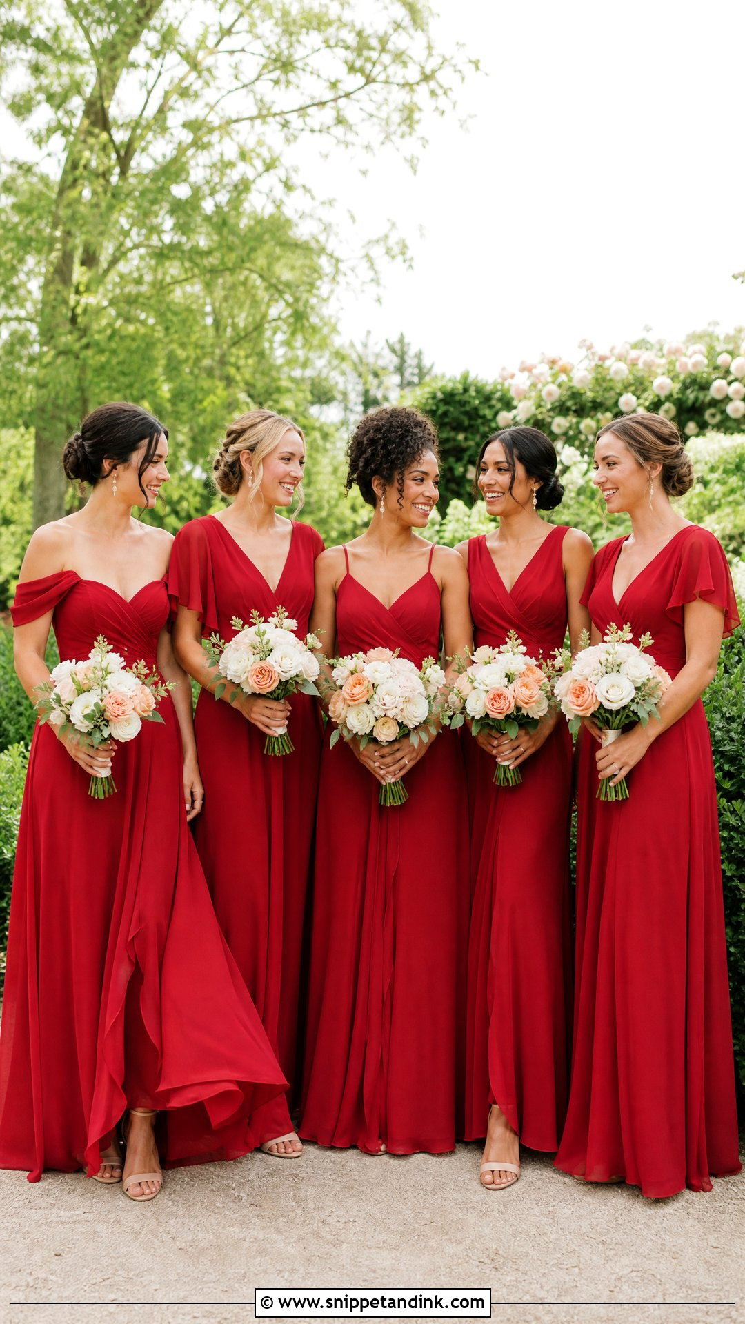 Cherry Red Chiffon Wrap Bridal Party Dresses - Snippet and Ink - 20 Red Bridal Party Ideas
