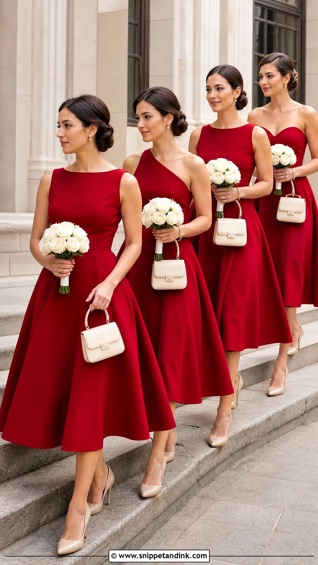 Cherry Red Tea Length Bridal Party Dresses - Snippet and Ink - 20 Red Bridal Party Ideas