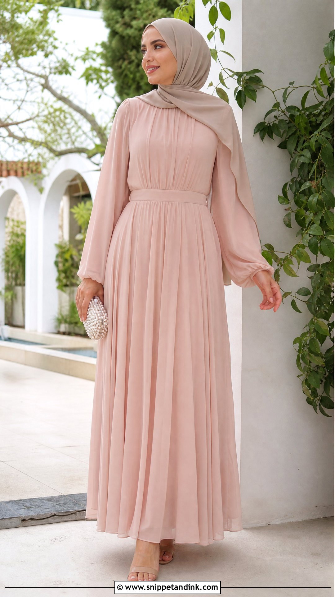 Chiffon A Line Dress With Nude Heels - Snippet and Ink - 25 Dresses to Wear to a Wedding Hijab
