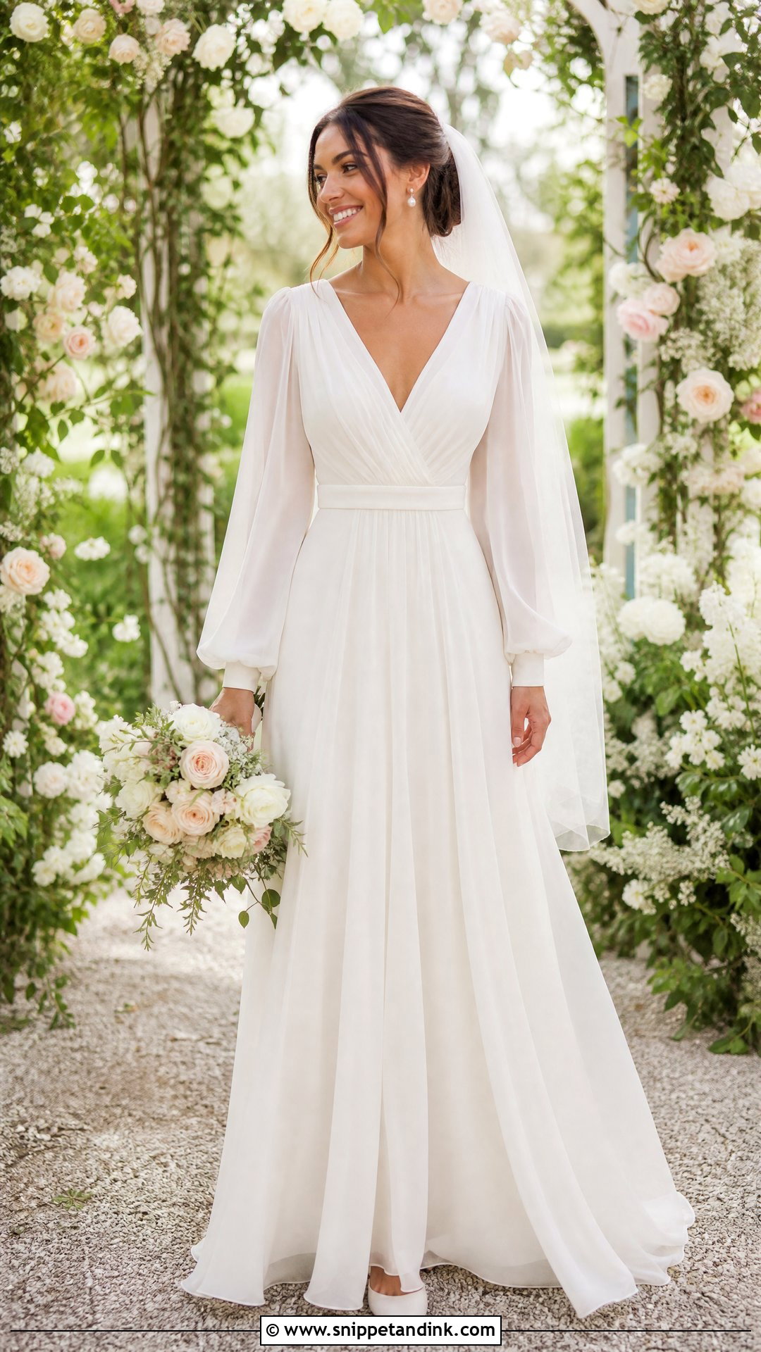 Chiffon A Line Wedding Dress With Bishop Sleeves - Snippet and Ink - 20 Wedding Dresses Flowy Sleeves