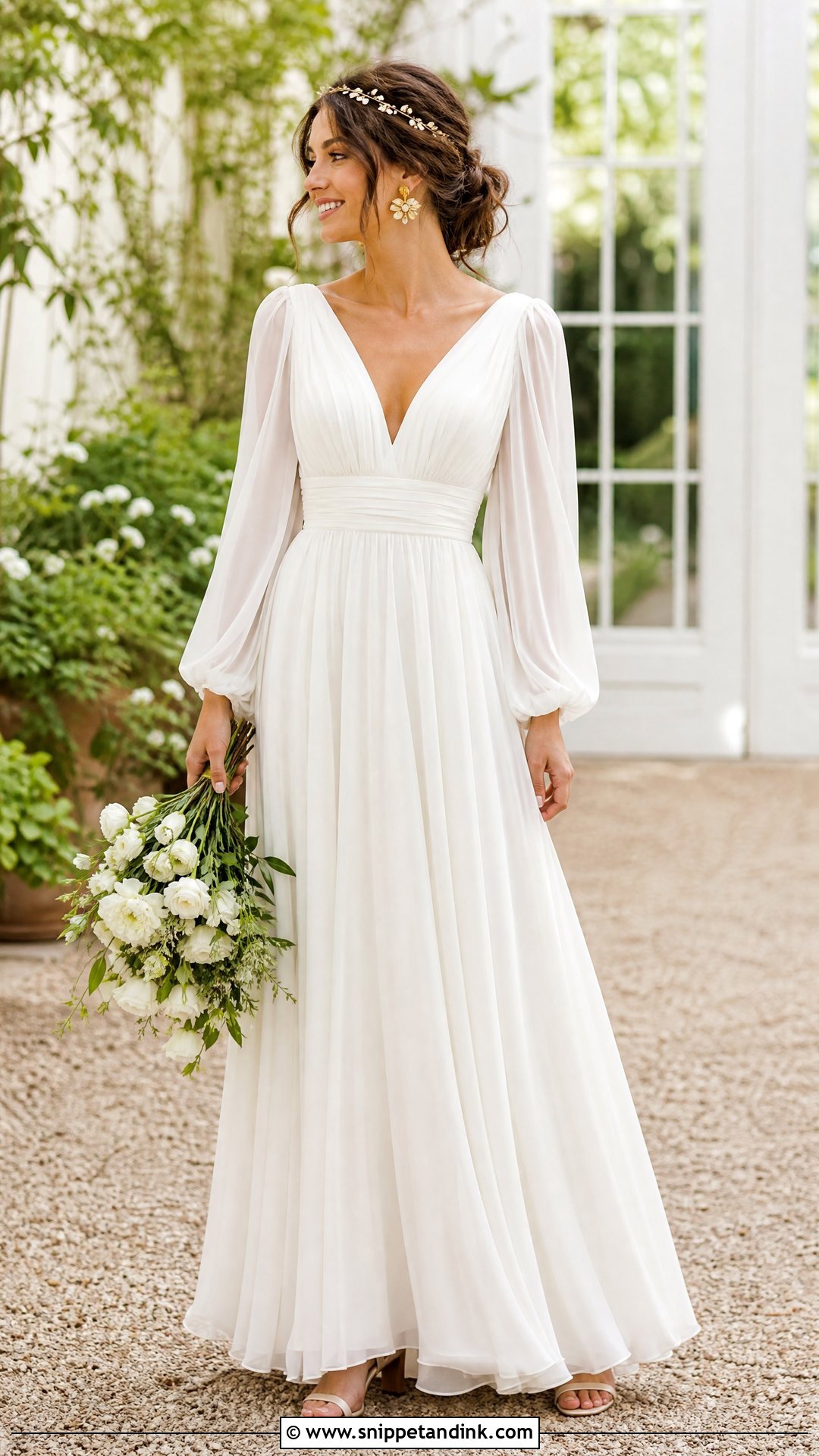 Chiffon A Line Wedding Dress With Bishop Sleeves - Snippet and Ink - 25 Aline Wedding Dress with Sleeves