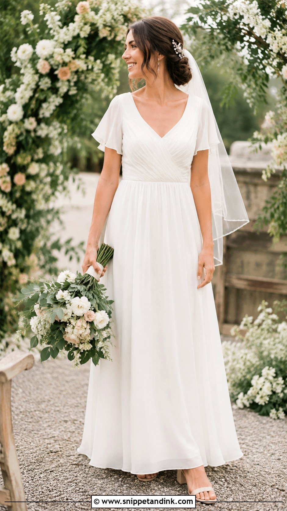 Chiffon A Line Wedding Dress With Flutter Sleeves - Snippet and Ink - 20 Classic Wedding Dress with Sleeves