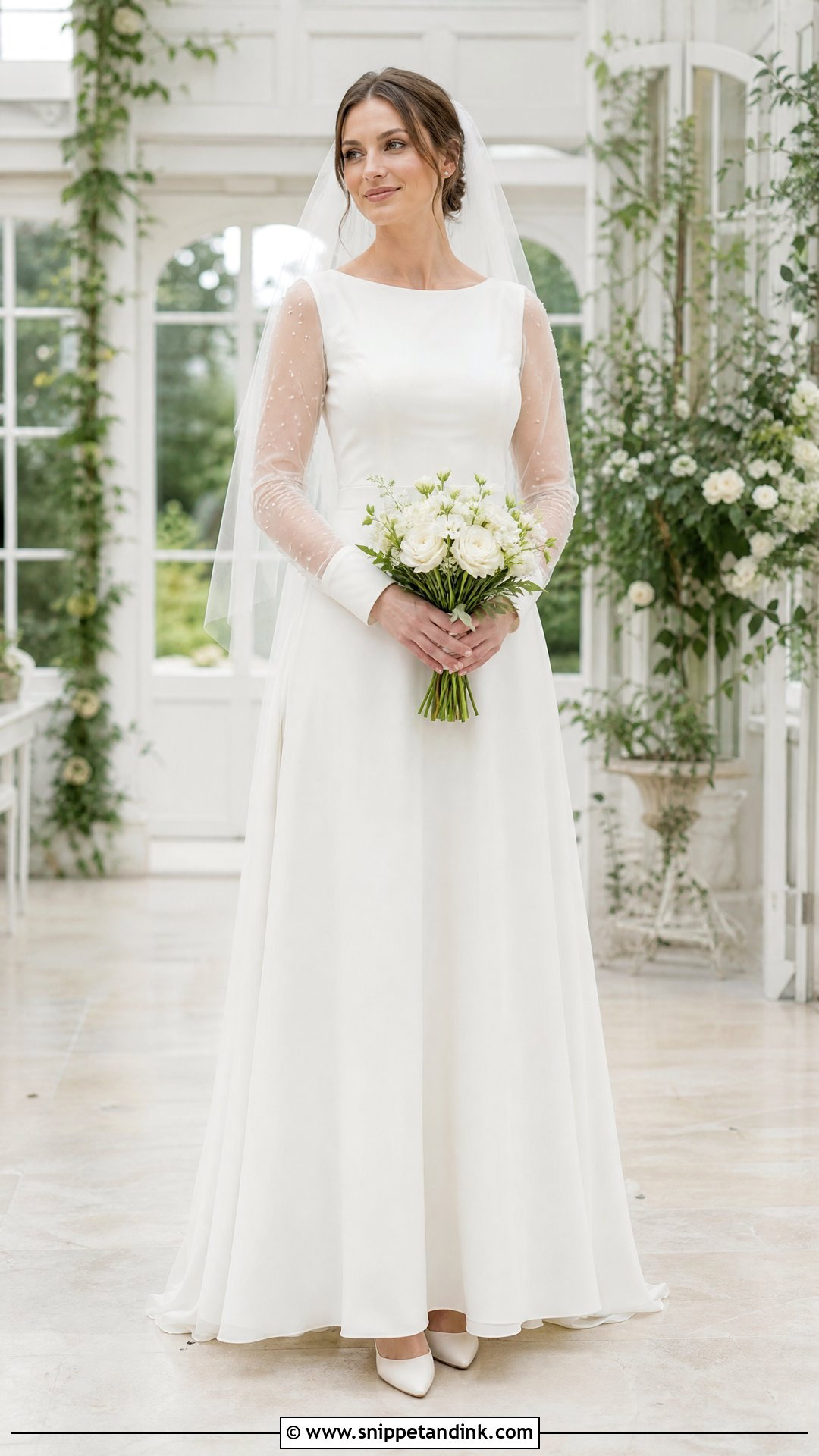 Chiffon A Line Wedding Dress With Pearl Sleeves - Snippet and Ink - 20 Simple Wedding Dress with Pearls Ideas