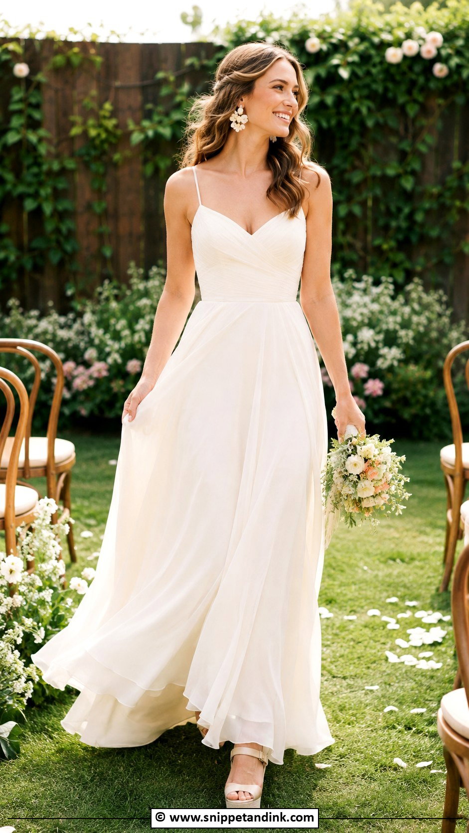 Chiffon A Line Wedding Dress With Wedge Sandals - Snippet and Ink - 30 Backyard Wedding Dress Ideas