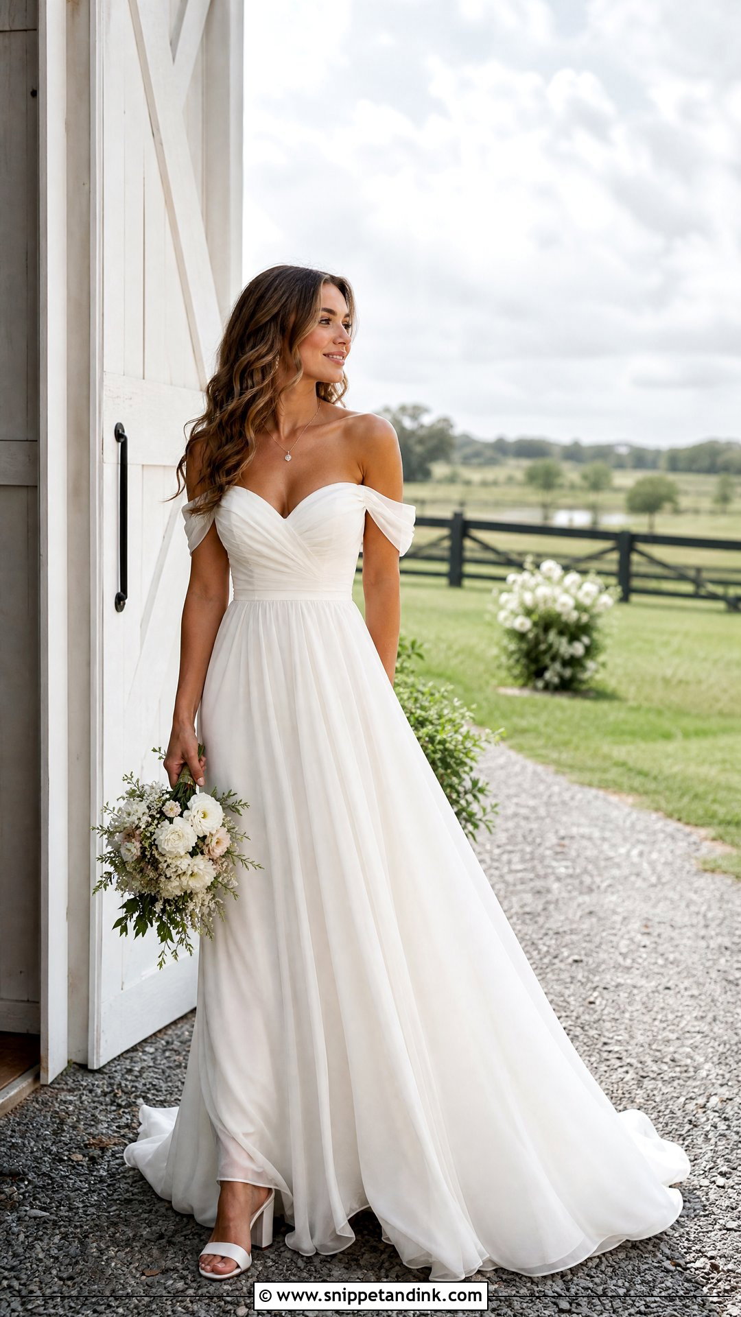 Chiffon Barn Wedding Dress With Off Shoulder Neckline - Snippet and Ink - 25 Barn Wedding Dresses