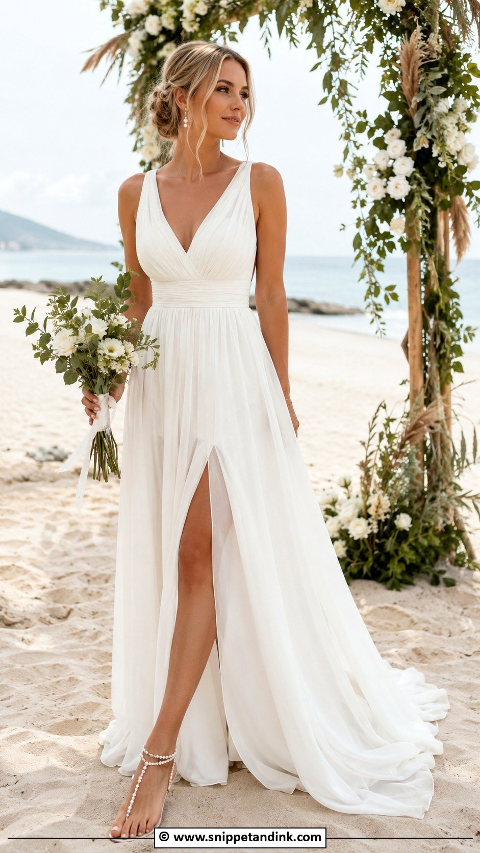 Chiffon Beach Bridal Dress With Barefoot Sandals - Snippet and Ink - 30 Beach Bridal Dresses