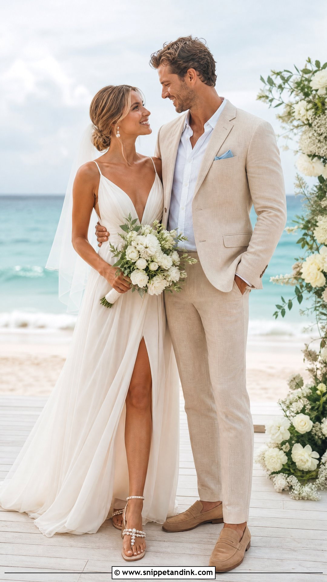 Chiffon Beach Dress And Beige Suit Wedding Couple - Snippet and Ink - 20 Wedding Dresses for Couple