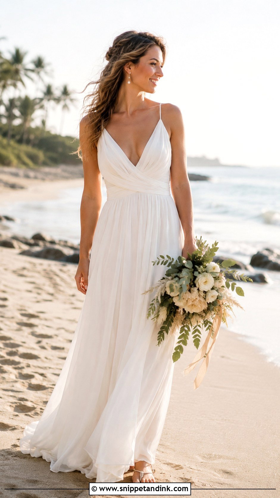 Chiffon Beach Elopement Wedding Dress - Snippet and Ink - 30 Elopement Wedding Dresses