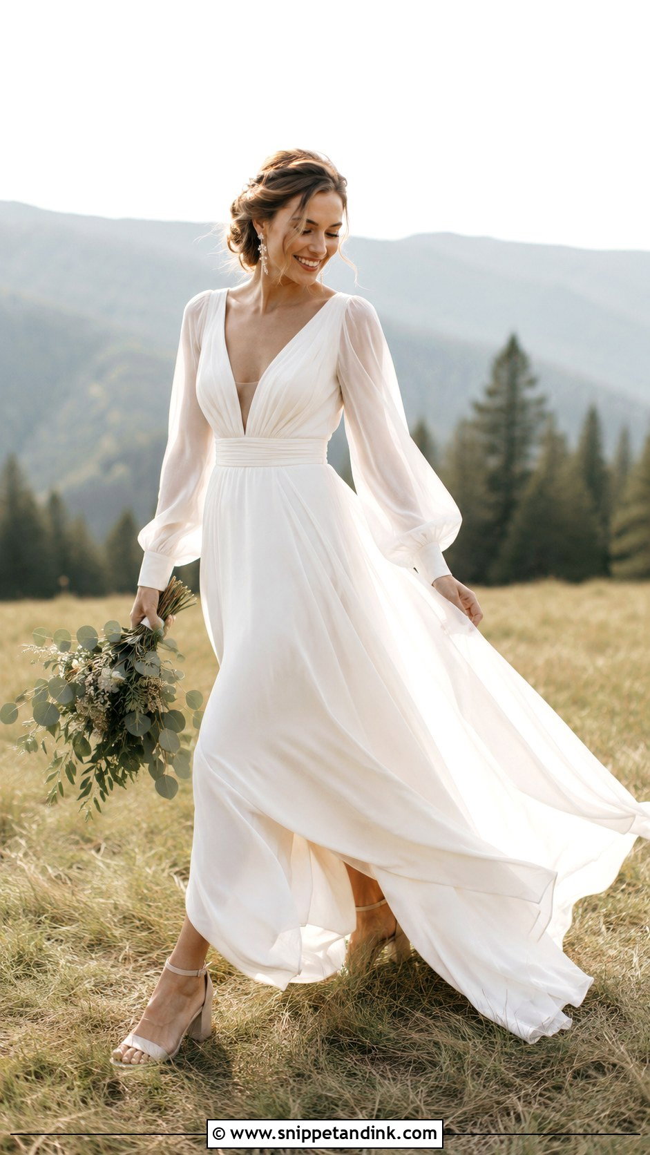 Chiffon Bishop Sleeve Elopement Dress - Snippet and Ink - 20 Long Sleeve Elopement Dress Ideas