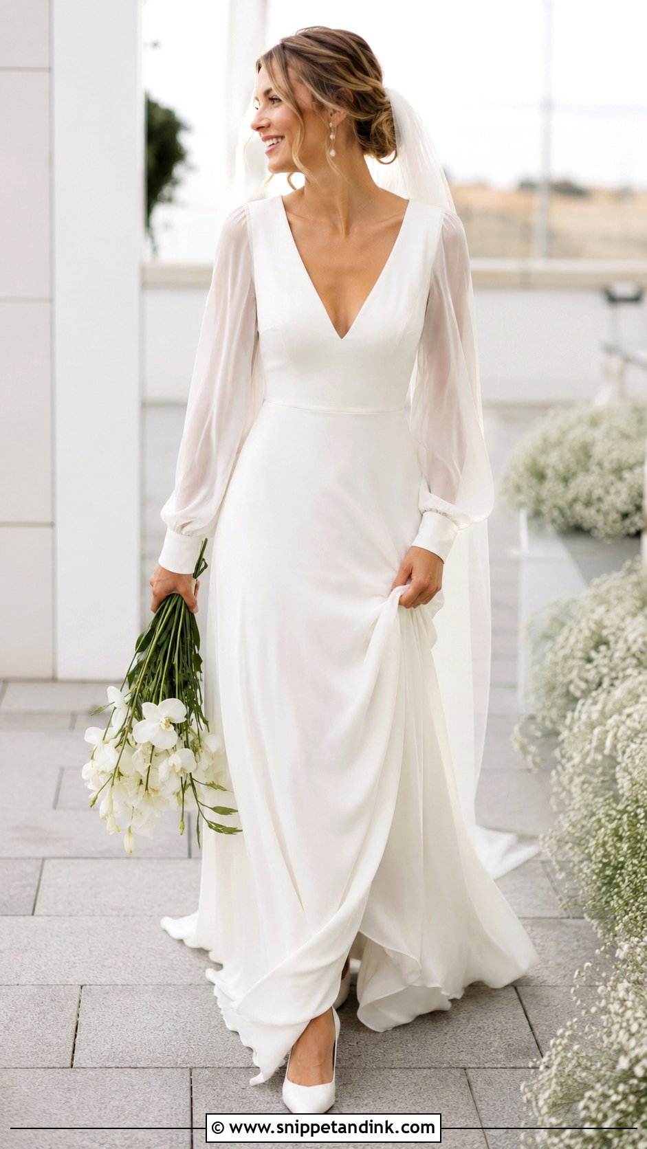 Chiffon Bishop Sleeve Minimalist Wedding Dress - Snippet and Ink - 20 Long Sleeve Minimalist Wedding Dress Ideas