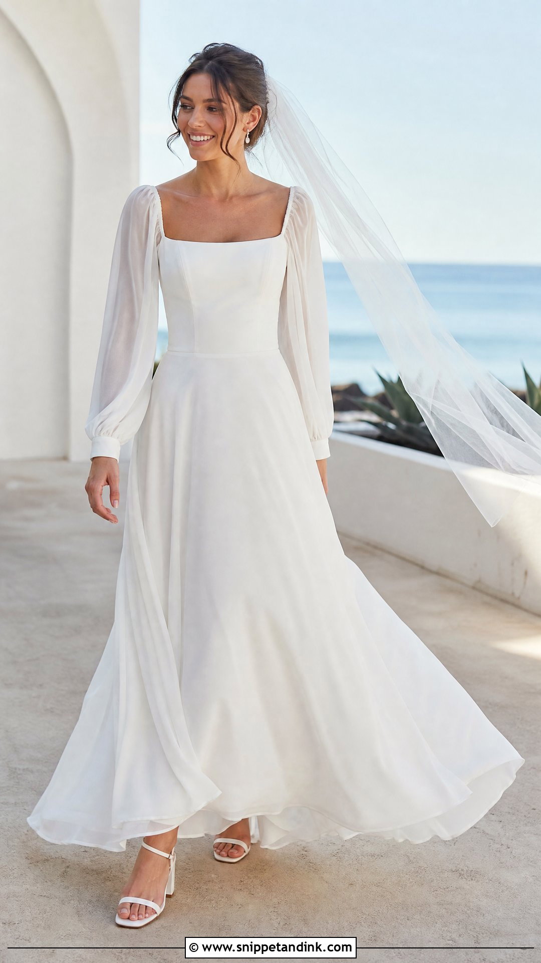 Chiffon Bishop Sleeve Square Neck Wedding Dress - Snippet and Ink - 20 Square Neck Long Sleeve Wedding Dress Ideas