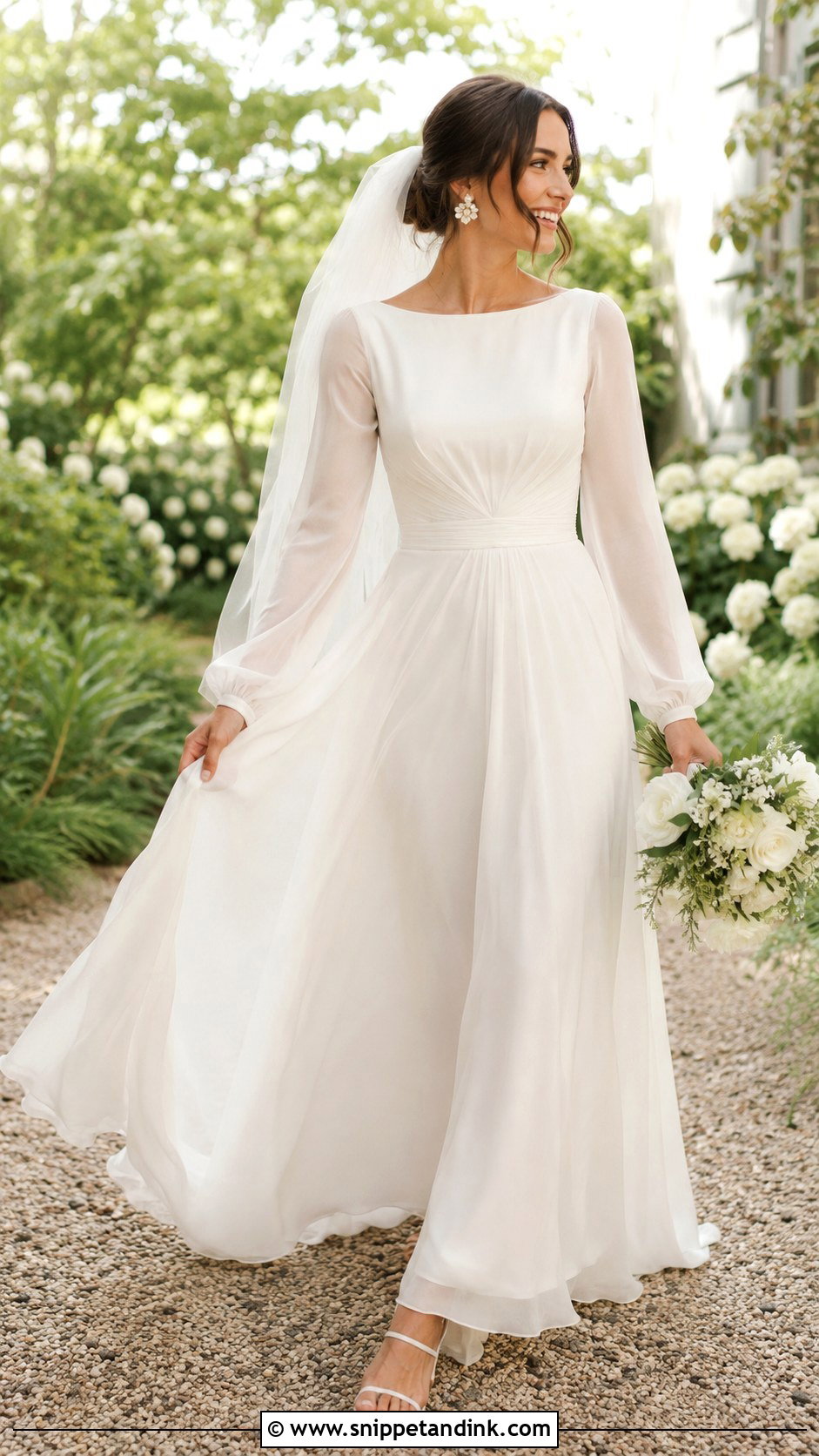 Chiffon Boat Neck Wedding Dress With Sheer Sleeves - Snippet and Ink - 20 Boat Neck Wedding Dress with Sleeves