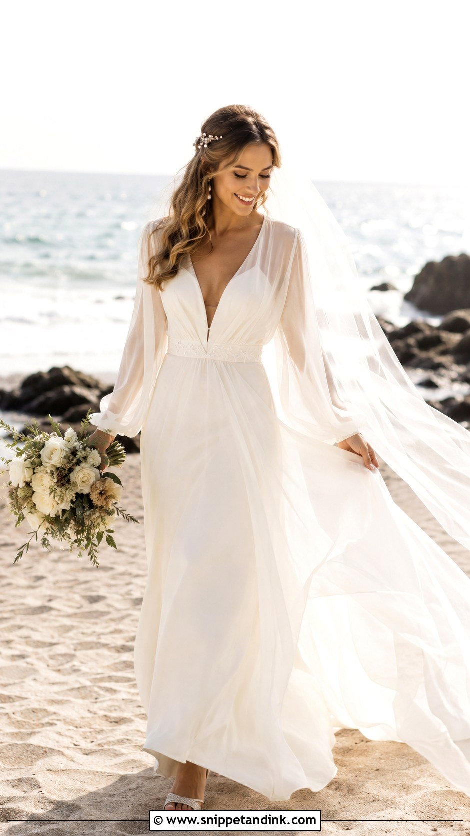 Chiffon Bridal Bolero With Beach Wedding Dress - Snippet and Ink - 25 Bridal Bolero Ideas