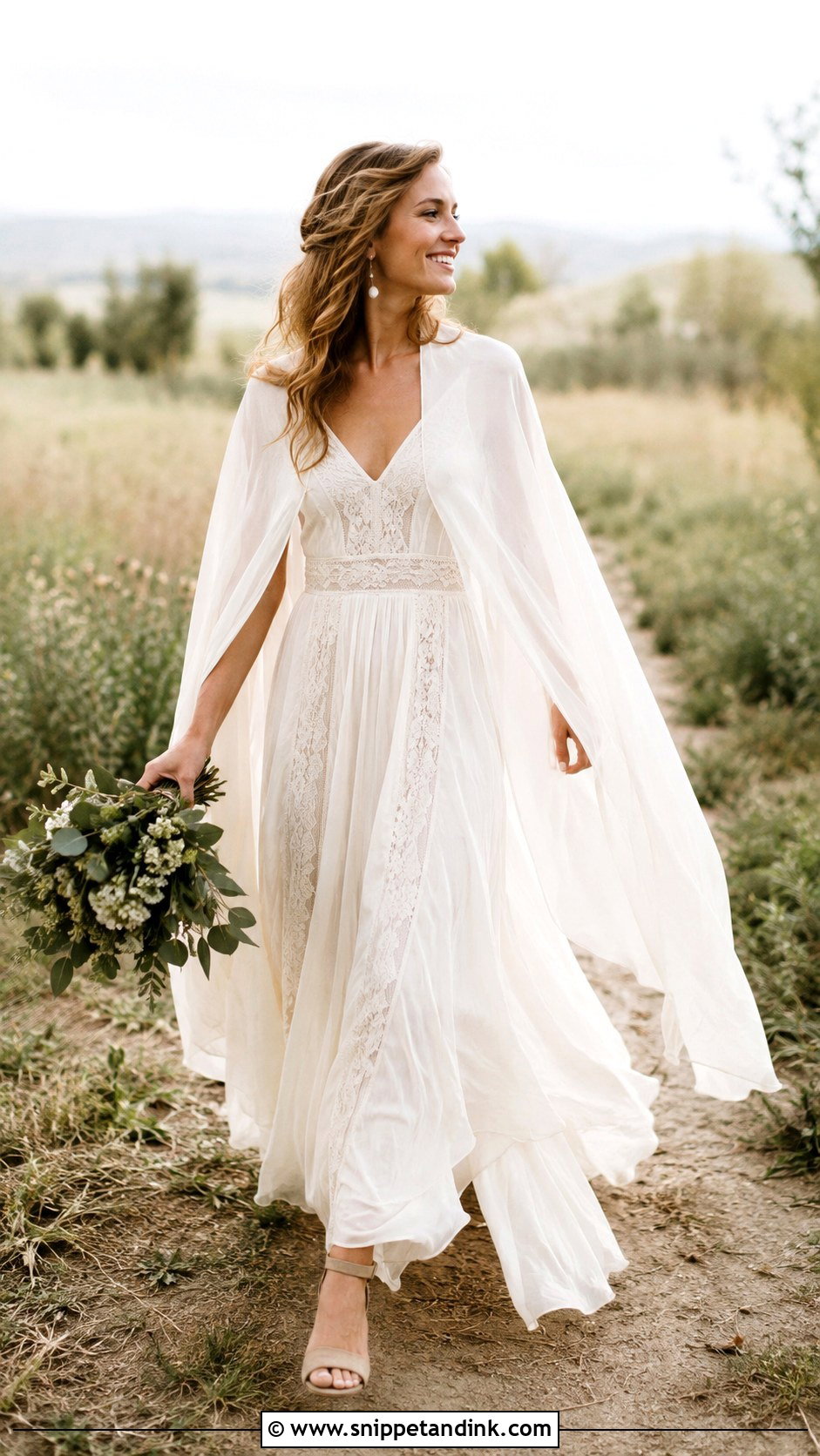 Chiffon Bridal Cloak With Boho Wedding Dress - Snippet and Ink - 20 Bridal Cloak Ideas