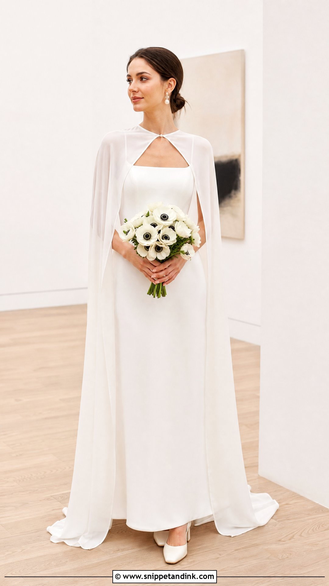 Chiffon Capelet With Minimal Wedding Dress - Snippet and Ink - 20 Wedding Dress Capelet Ideas