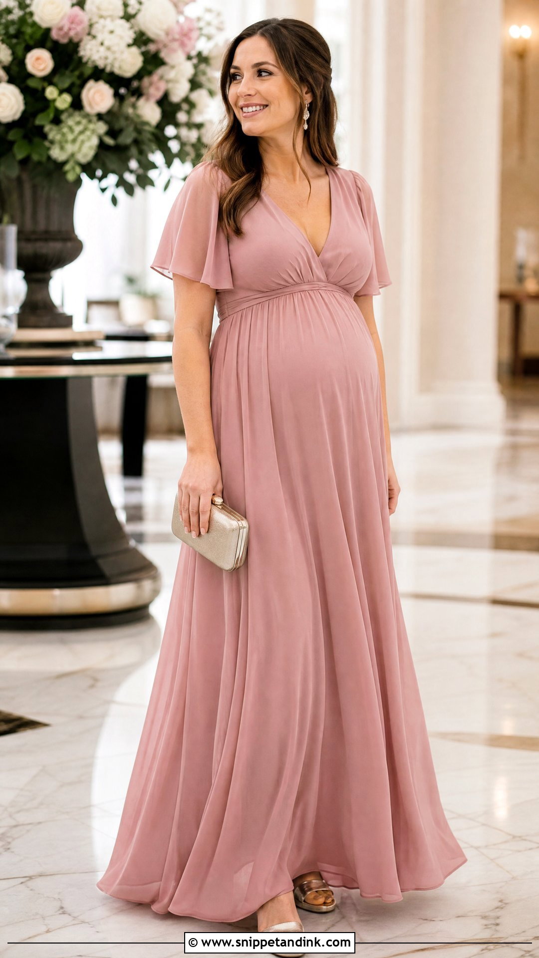 Chiffon Empire Waist Maternity Maxi Dress Outfit - Snippet and Ink - 20 Pregnancy Outfits for Wedding