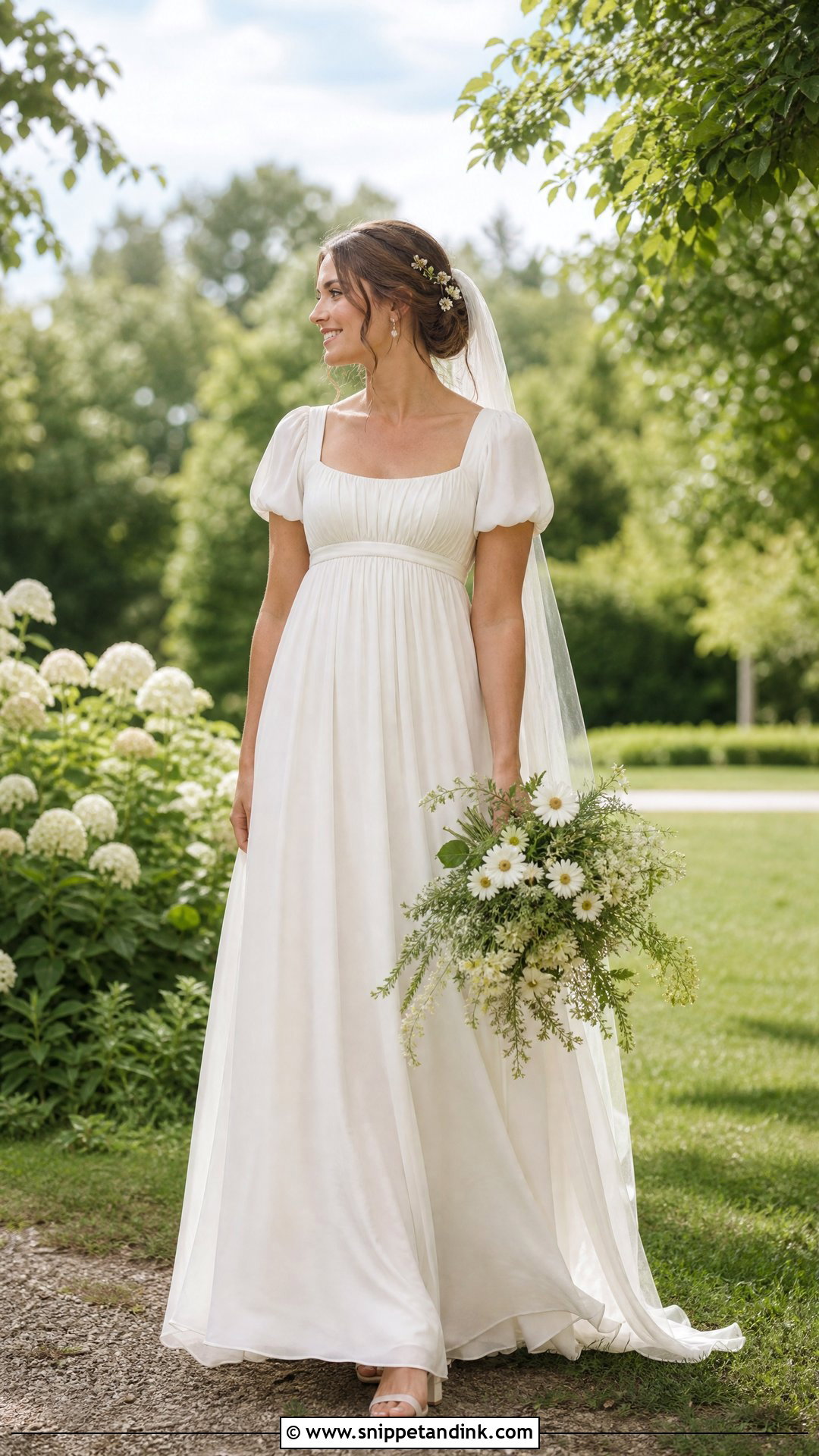 Chiffon Empire Waist Sabrina Wedding Dress - Snippet and Ink - 20 Sabrina Wedding Dress Ideas