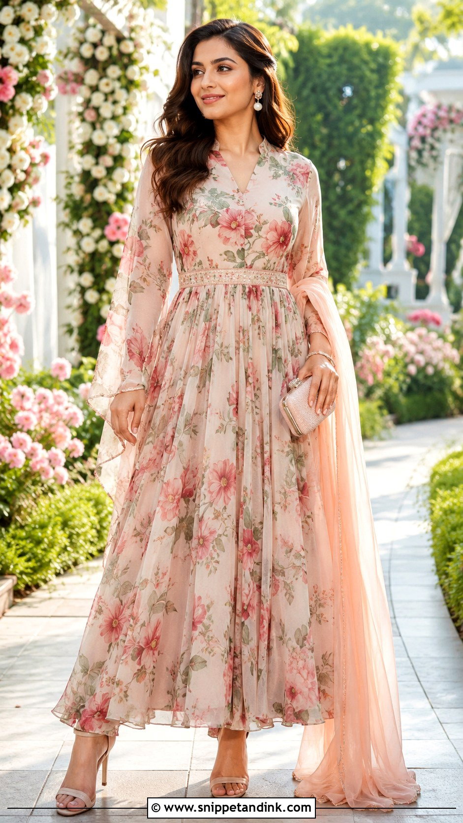 Chiffon Floral Long Frock for Wedding - Snippet and Ink - 20 Long Frock for Wedding Ideas