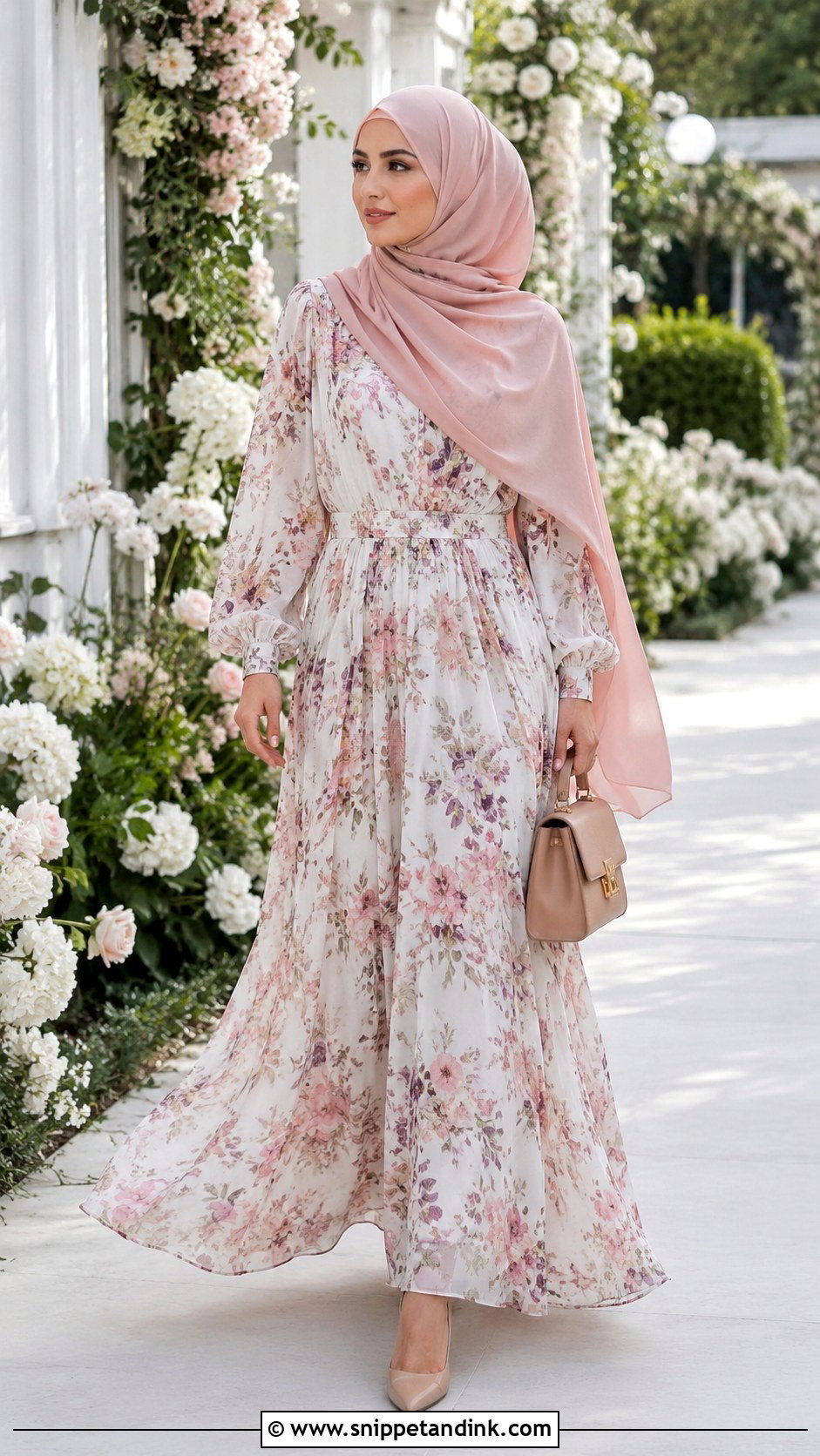 Chiffon Hijab With Floral Maxi Dress - Snippet and Ink - 30 Hijab Style for Wedding Ideas