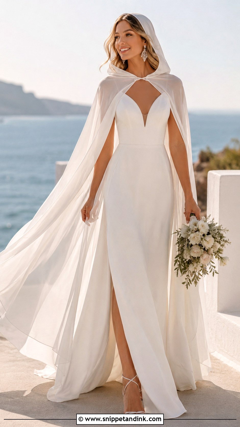 Chiffon Hooded Wedding Cape With A Line Dress - Snippet and Ink - 20 Wedding Cape with Hood Ideas